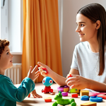 **

Prompt: AI therapy session with a child. A friendly, cartoon-style AI companion listens attentively to a young child playing with toys in a brightly lit, safe space. Focus on creating a welcoming and supportive atmosphere.

**