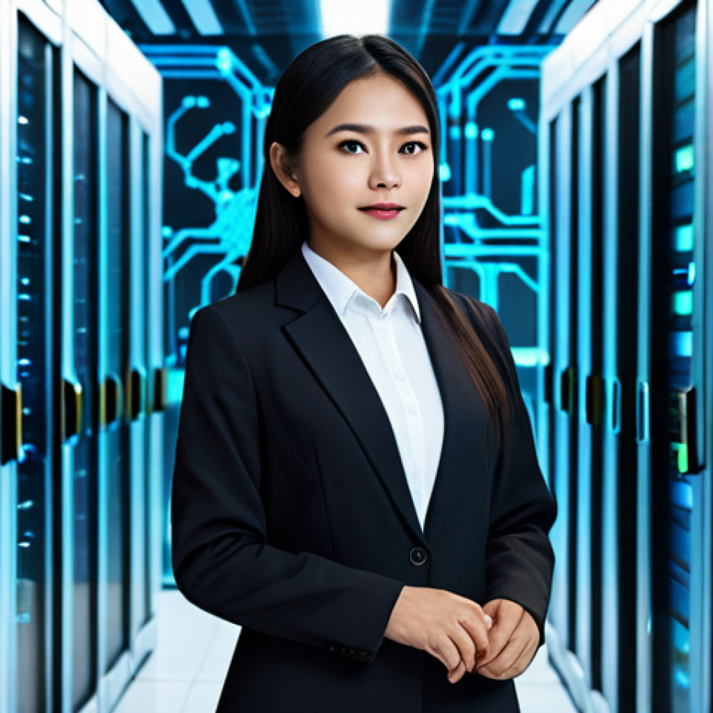 A professional cybersecurity expert, a Thai woman in a modest business suit, standing confidently in a secure, futuristic data center with glowing server racks. Abstract digital security symbols and encrypted data streams flow around her, symbolizing the protection of sensitive health information. She maintains a focused and reassuring expression. professional dress, appropriate attire, safe for work, fully clothed, correct proportions, natural pose, well-formed hands, proper finger count, natural body proportions, high-quality professional photography, secure data environment, appropriate content, family-friendly.
