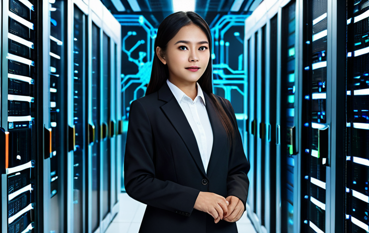 A professional cybersecurity expert, a Thai woman in a modest business suit, standing confidently in a secure, futuristic data center with glowing server racks. Abstract digital security symbols and encrypted data streams flow around her, symbolizing the protection of sensitive health information. She maintains a focused and reassuring expression. professional dress, appropriate attire, safe for work, fully clothed, correct proportions, natural pose, well-formed hands, proper finger count, natural body proportions, high-quality professional photography, secure data environment, appropriate content, family-friendly.
