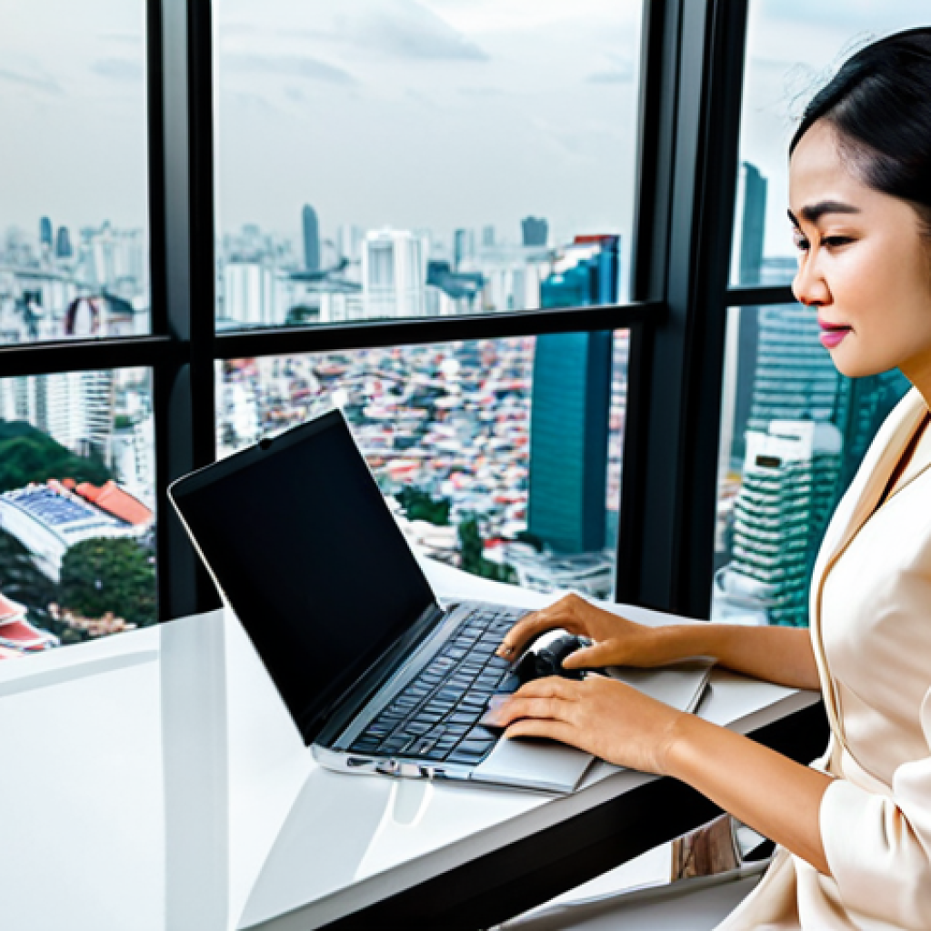 **
A professional Thai businesswoman in a modest, elegant silk dress, working on a laptop in a modern, bright Bangkok office with views of the city skyline. Fully clothed, appropriate attire, safe for work, perfect anatomy, natural proportions, professional photography, high quality, family-friendly.
**