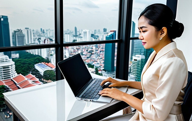 **

A professional Thai businesswoman in a modest, elegant silk dress, working on a laptop in a modern, bright Bangkok office with views of the city skyline. Fully clothed, appropriate attire, safe for work, perfect anatomy, natural proportions, professional photography, high quality, family-friendly.

**