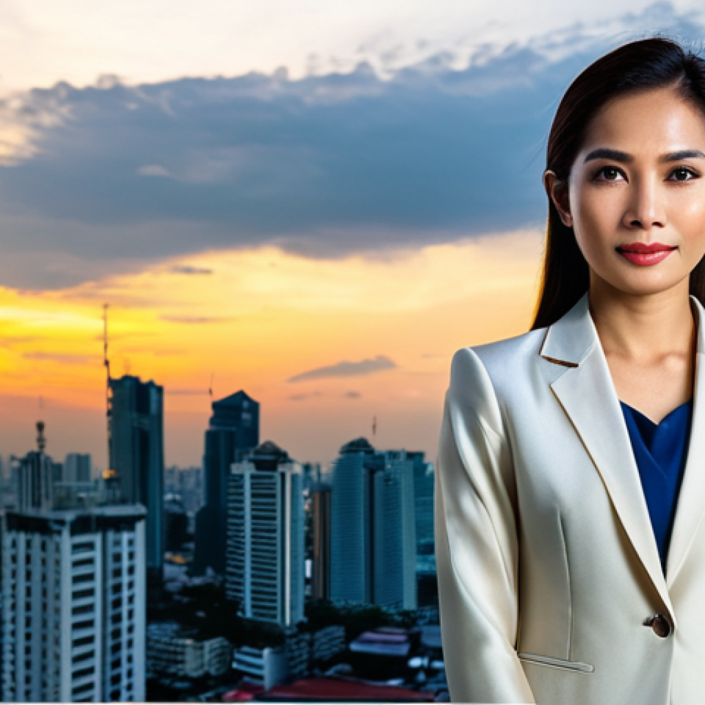 **
"A professional Thai businesswoman in a modest silk business suit, standing confidently in front of the Bangkok skyline during sunset, fully clothed, appropriate attire, safe for work, perfect anatomy, natural proportions, professional photography, high quality."
**