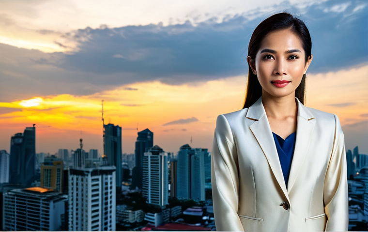 **

"A professional Thai businesswoman in a modest silk business suit, standing confidently in front of the Bangkok skyline during sunset, fully clothed, appropriate attire, safe for work, perfect anatomy, natural proportions, professional photography, high quality."

**