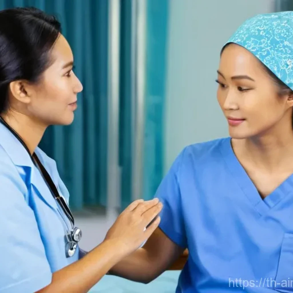 AI 치료의 미래 윤리적 기준 - **Prompt:** A compassionate Thai female doctor, wearing a light blue scrub uniform and a traditional...