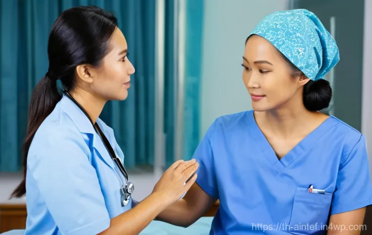 AI 치료의 미래 윤리적 기준 - **Prompt:** A compassionate Thai female doctor, wearing a light blue scrub uniform and a traditional...