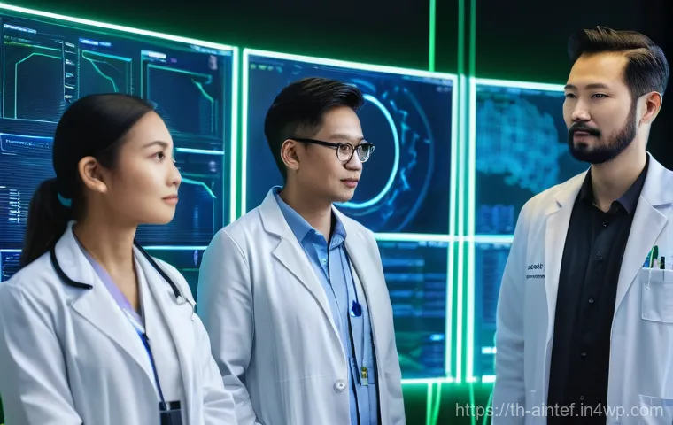 AI 치료의 미래 윤리적 기준 - **Prompt:** A compassionate Thai female doctor, wearing a light blue scrub uniform and a traditional...