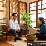 AI 윤리와 정신 건강 치료의 연관성 - A modern Thai mental health clinic scene featuring a compassionate psychologist interacting with a m...