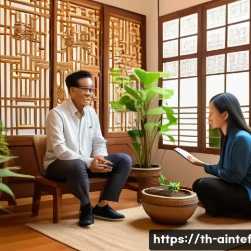 AI 윤리와 정신 건강 치료의 연관성 - A modern Thai mental health clinic scene featuring a compassionate psychologist interacting with a m...