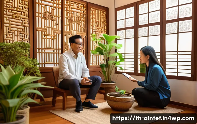 AI 윤리와 정신 건강 치료의 연관성 - A modern Thai mental health clinic scene featuring a compassionate psychologist interacting with a m...