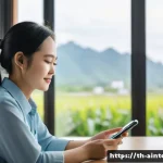 AI 기반 심리 상담의 진화 - A modern digital therapy session scene showing a young Thai adult woman sitting comfortably at home,...