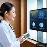 AI 기반 치료의 윤리적 임상 적용 - A modern hospital consultation room in Bangkok with a Thai female doctor in professional attire expl...