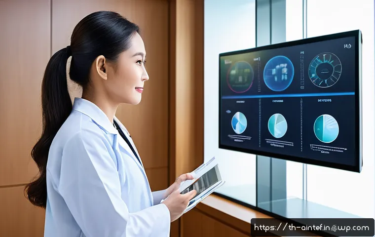 AI 기반 치료의 윤리적 임상 적용 - A modern hospital consultation room in Bangkok with a Thai female doctor in professional attire expl...